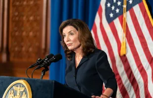 Aug. 11, 2021: Then-Lieutenant Governor Kathy Hochul addresses people of New York at the state capitol building in Albany lev radin/Shutterstock